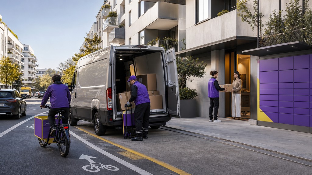 Écosystème de livraison urbaine avec véhicule, vélo cargo et consigne